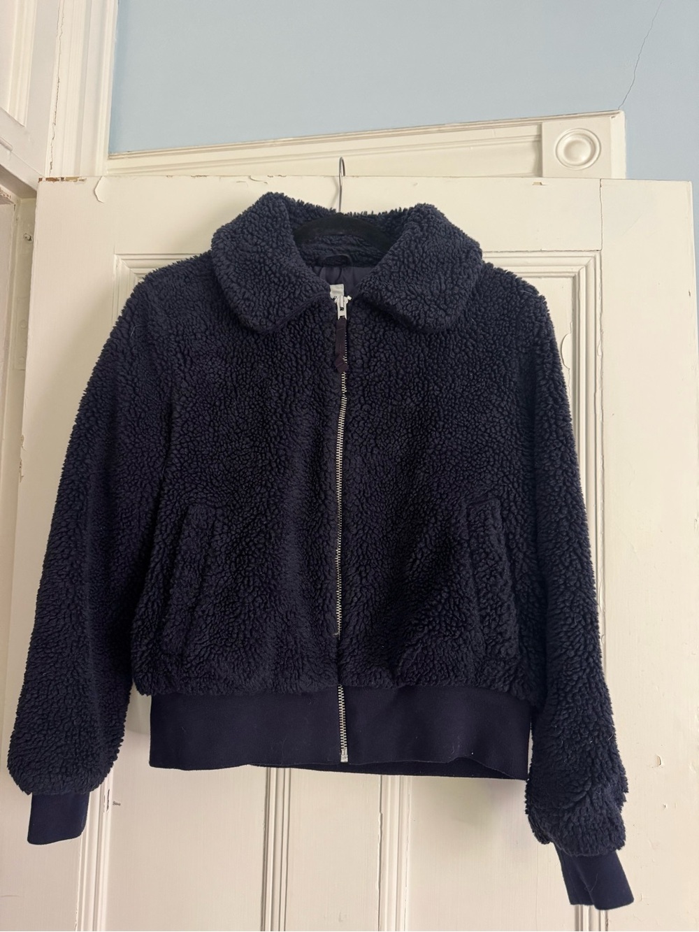 Women's Navy Sherpa Fleece Zip Bomber Jacket
